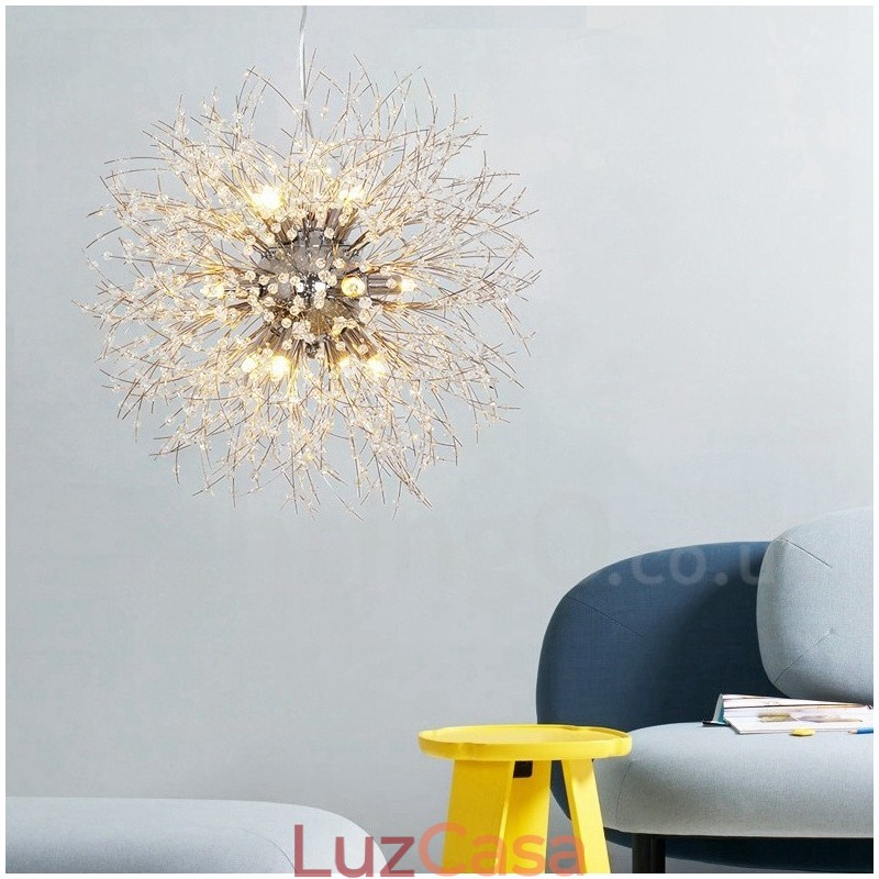 Lustre de metal com cristal e detalhes cromados em formato de dente-de-leão, globo de fogos de artifício