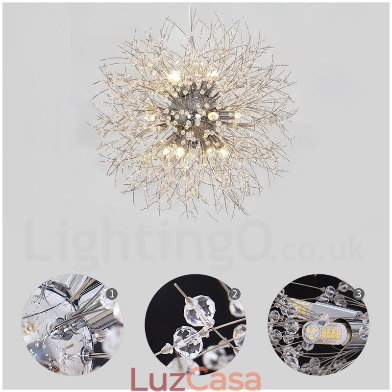 Lustre de metal com cristal e detalhes cromados em formato de dente-de-leão, globo de fogos de artifício