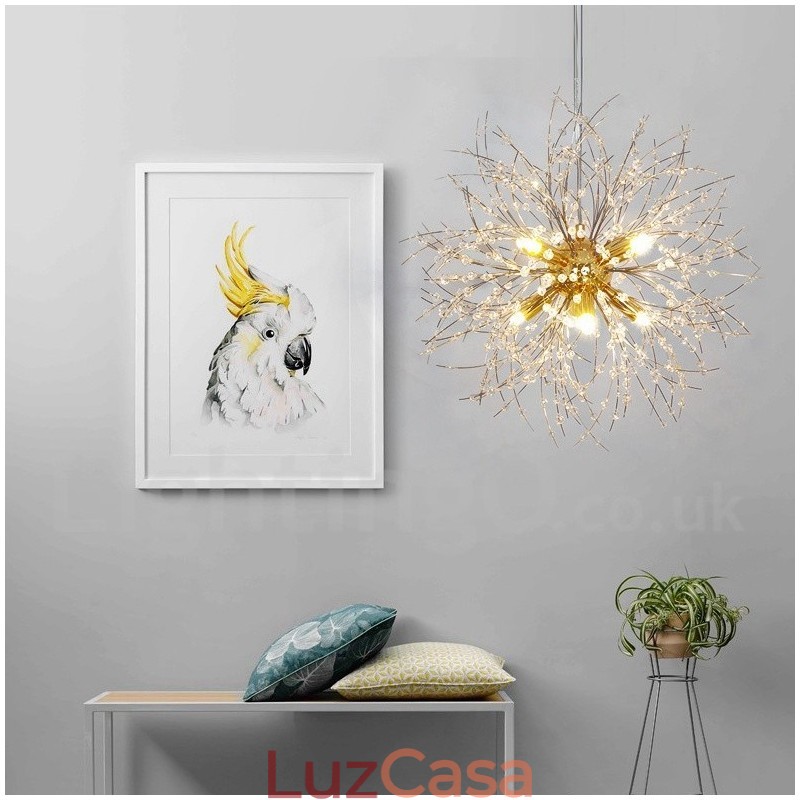 Lustre de metal com cristal e detalhes cromados em formato de dente-de-leão, globo de fogos de artifício