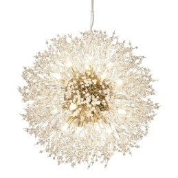 Lustre de metal com cristal e detalhes cromados em formato de dente-de-leão, globo de fogos de artifício