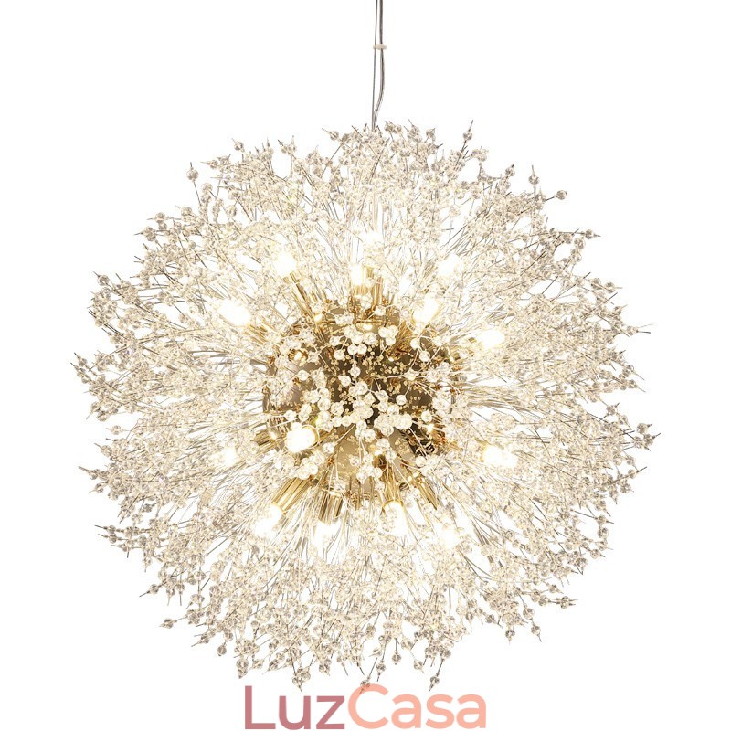 Lustre de metal com cristal e detalhes cromados em formato de dente-de-leão, globo de fogos de artifício
