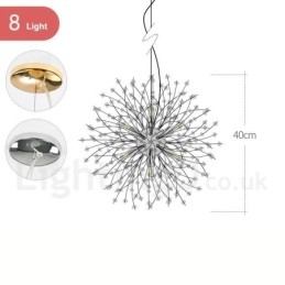 Lustre de metal com cristal e detalhes cromados em formato de dente-de-leão, globo de fogos de artifício
