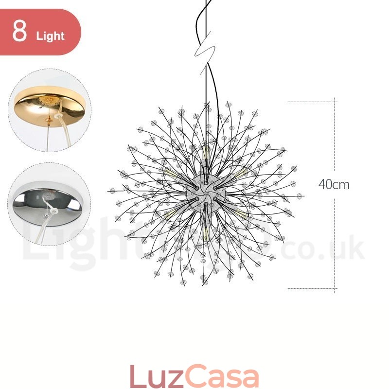 Lustre de metal com cristal e detalhes cromados em formato de dente-de-leão, globo de fogos de artifício