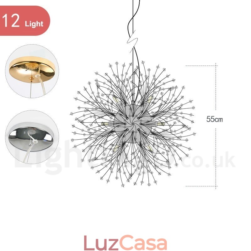 Lustre de metal com cristal e detalhes cromados em formato de dente-de-leão, globo de fogos de artifício