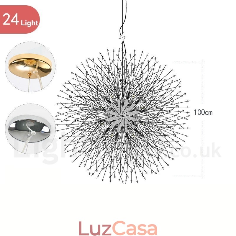 Lustre de metal com cristal e detalhes cromados em formato de dente-de-leão, globo de fogos de artifício