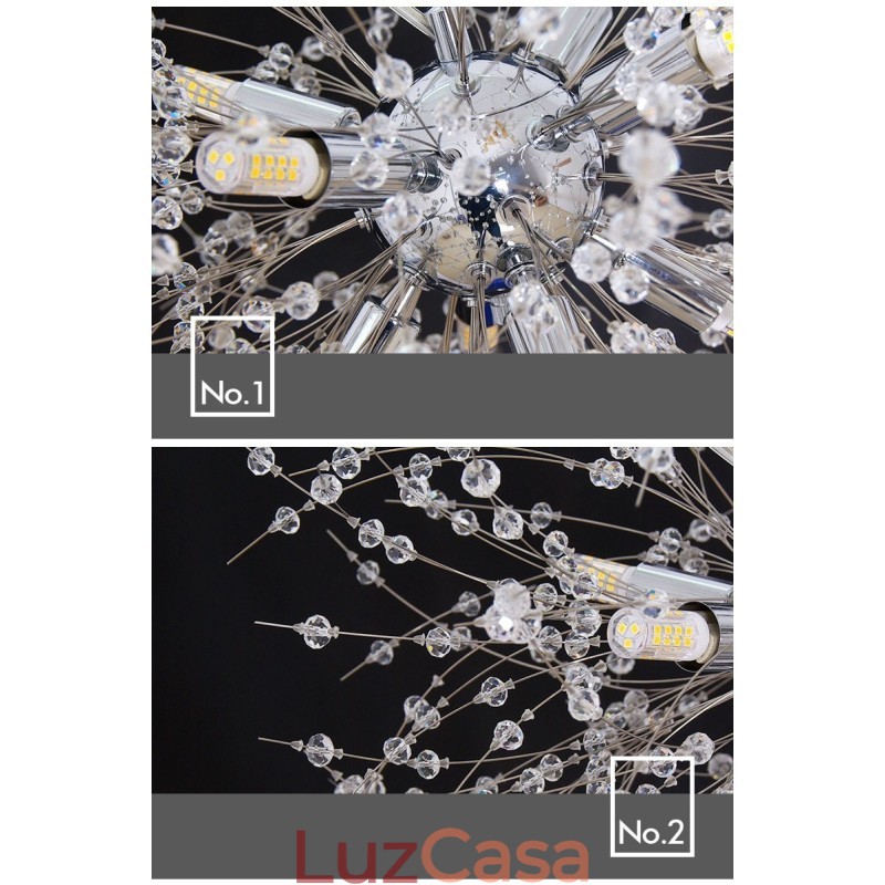 Lustre de metal com cristal e detalhes cromados em formato de dente-de-leão, globo de fogos de artifício