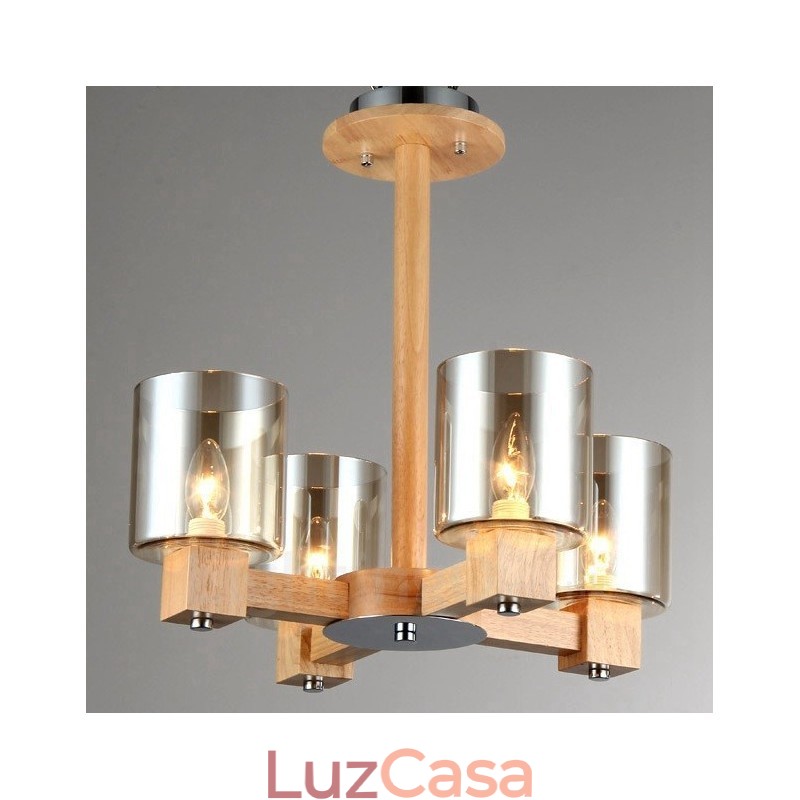 Lustre moderno contemporâneo de madeira clara de 4 estilos nórdicos com cúpula de vidro