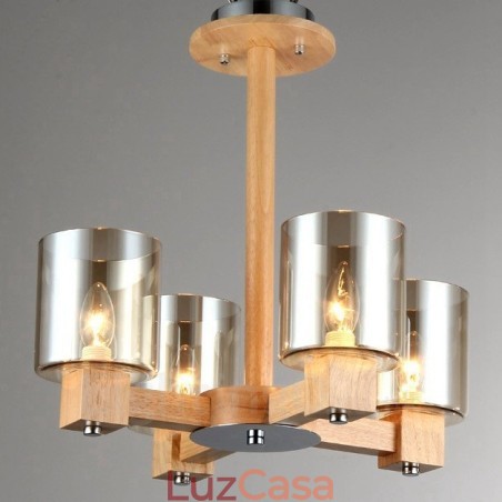 Lustre moderno contemporâneo de madeira clara de 4 estilos nórdicos com cúpula de vidro Lustre moderno contemporâneo de madeira clara de 4 estilos nórdicos com cúpula de vidro