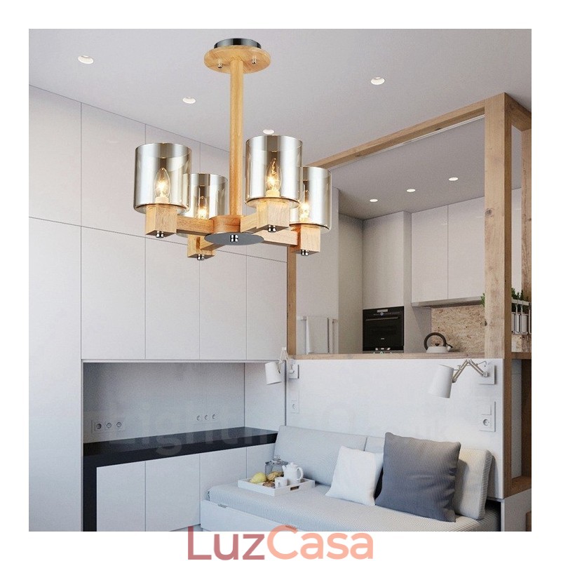 Lustre moderno contemporâneo de madeira clara de 4 estilos nórdicos com cúpula de vidro