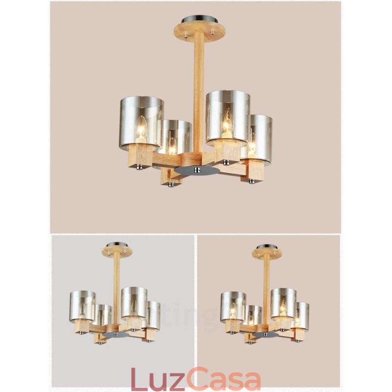 Lustre moderno contemporâneo de madeira clara de 4 estilos nórdicos com cúpula de vidro
