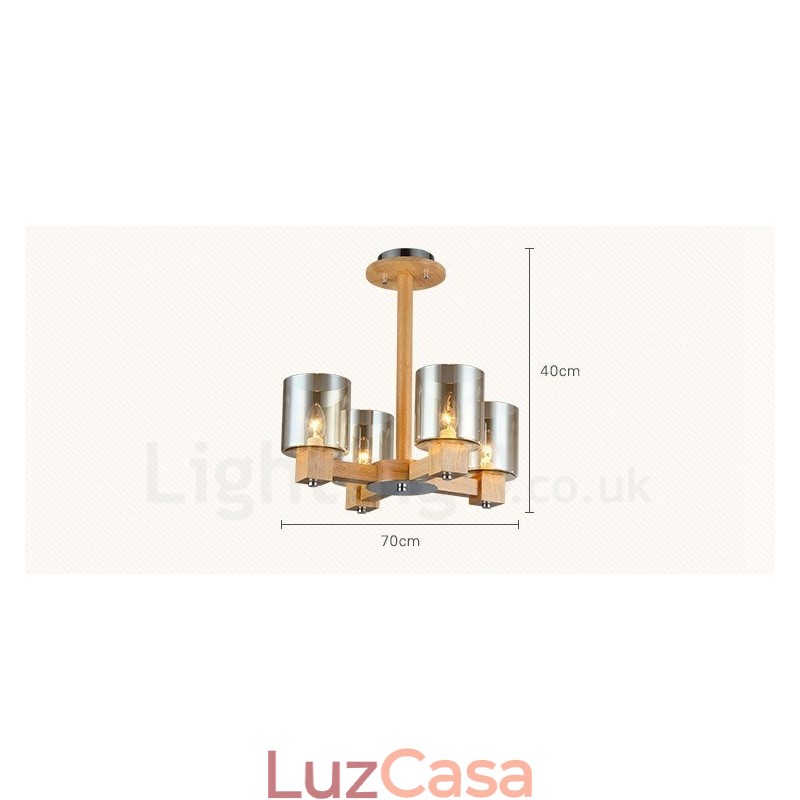 Lustre moderno contemporâneo de madeira clara de 4 estilos nórdicos com cúpula de vidro