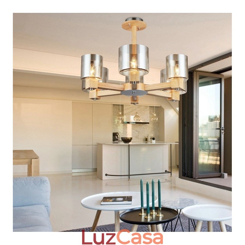 Lustre moderno contemporâneo de madeira clara estilo nórdico com cúpula de vidro