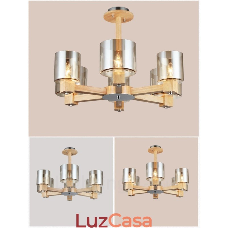 Lustre moderno contemporâneo de madeira clara estilo nórdico com cúpula de vidro