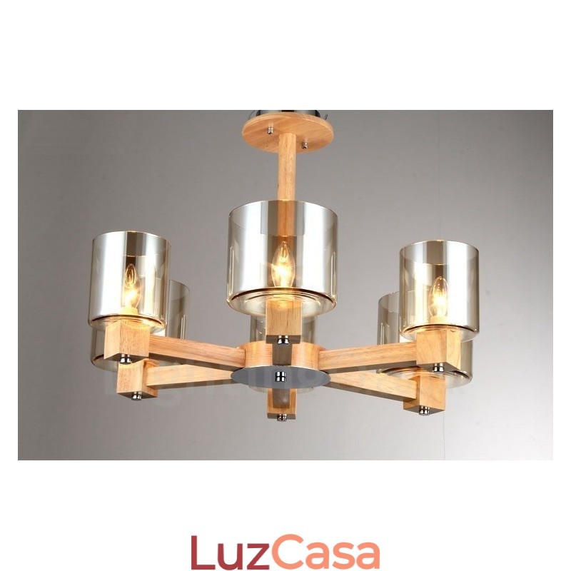 Lustre moderno contemporâneo de madeira clara estilo nórdico com cúpula de vidro
