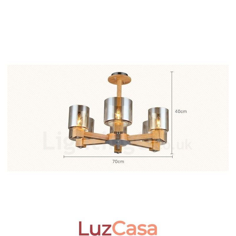 Lustre moderno contemporâneo de madeira clara estilo nórdico com cúpula de vidro