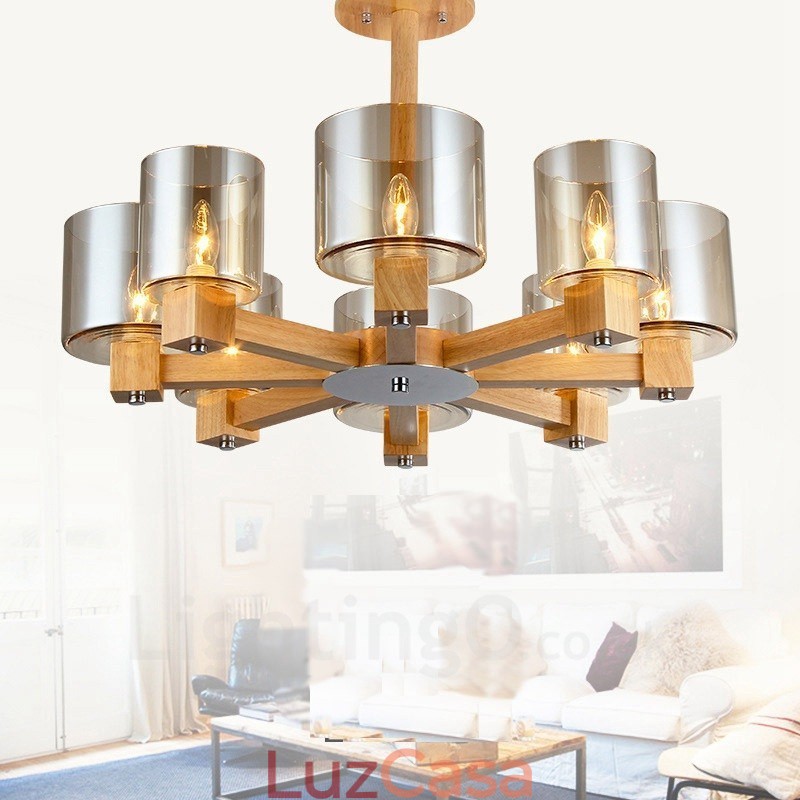 Lustre moderno contemporâneo de madeira clara estilo nórdico com cúpula de vidro