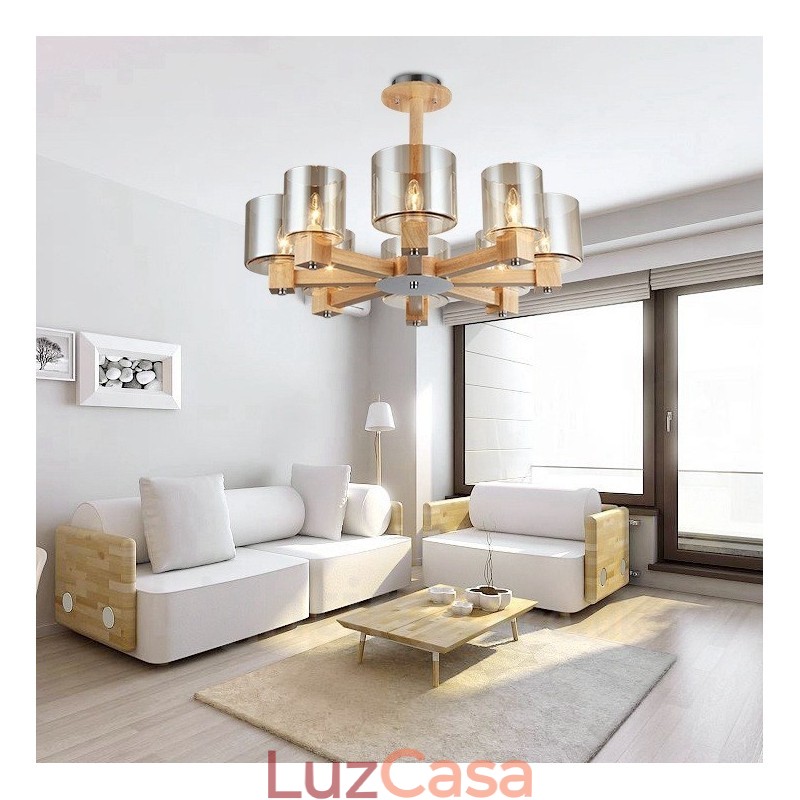 Lustre moderno contemporâneo de madeira clara estilo nórdico com cúpula de vidro