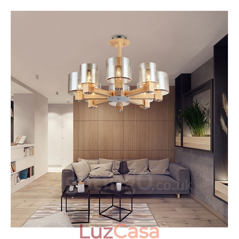 Lustre moderno contemporâneo de madeira clara estilo nórdico com cúpula de vidro