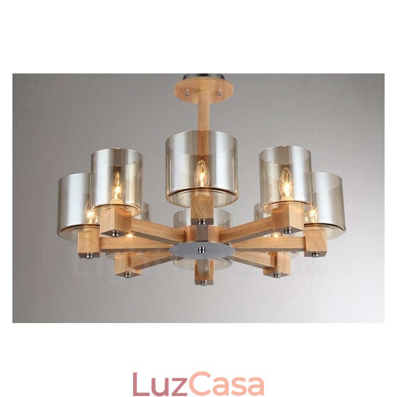 Lustre moderno contemporâneo de madeira clara estilo nórdico com cúpula de vidro
