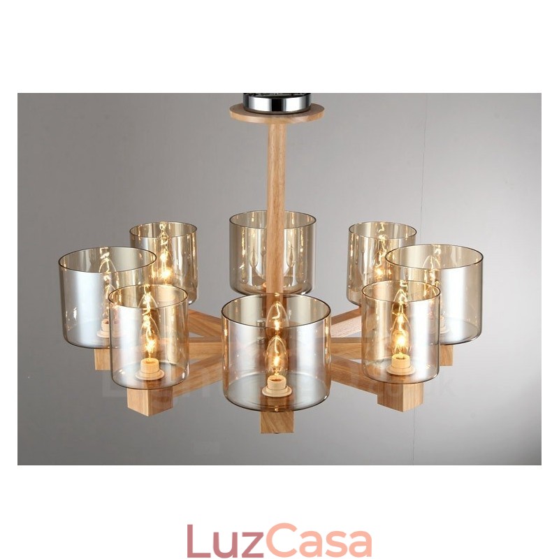 Lustre moderno contemporâneo de madeira clara estilo nórdico com cúpula de vidro