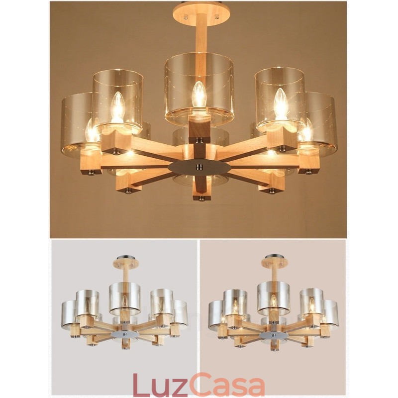 Lustre moderno contemporâneo de madeira clara estilo nórdico com cúpula de vidro