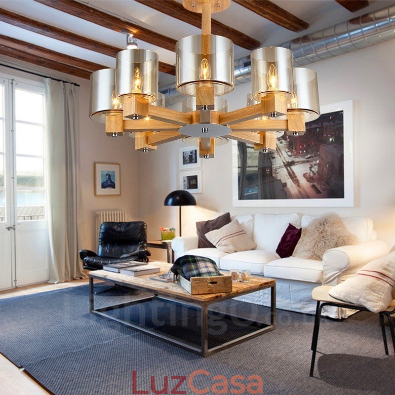 Lustre moderno contemporâneo de madeira clara estilo nórdico com cúpula de vidro