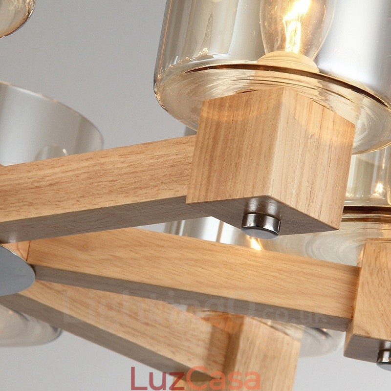 Lustre moderno contemporâneo de madeira clara estilo nórdico com cúpula de vidro