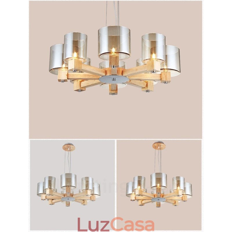 Lustre moderno contemporâneo de madeira clara estilo nórdico com cúpula de vidro
