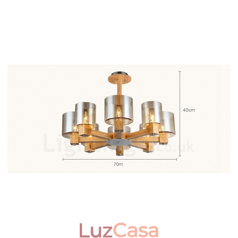 Lustre moderno contemporâneo de madeira clara estilo nórdico com cúpula de vidro