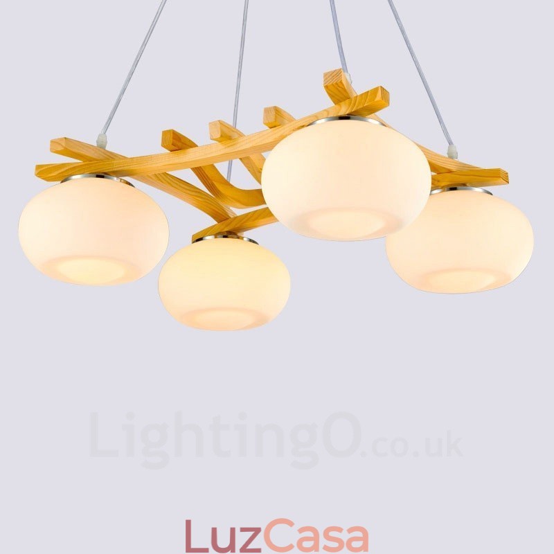 Luminária pendente rústica de madeira com 4 luzes e cúpula de vidro
