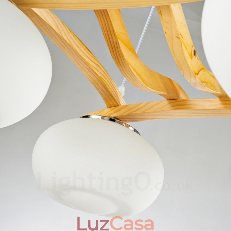 Luminária pendente rústica de madeira com 4 luzes e cúpula de vidro
