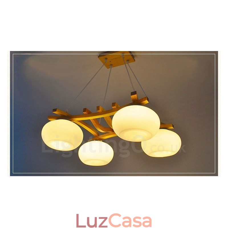 Luminária pendente rústica de madeira com 4 luzes e cúpula de vidro