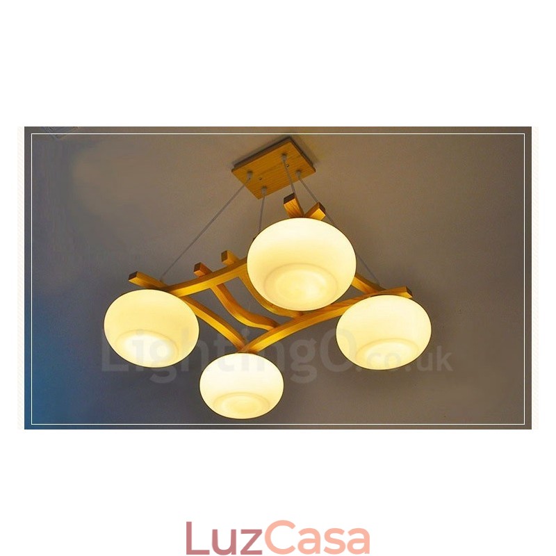 Luminária pendente rústica de madeira com 4 luzes e cúpula de vidro