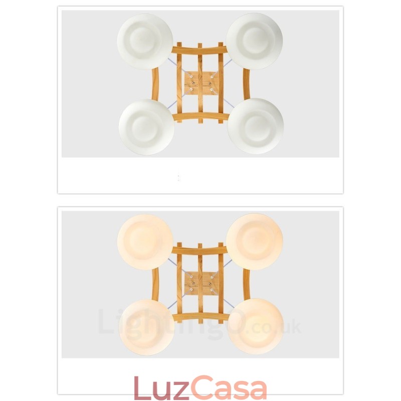 Luminária pendente rústica de madeira com 4 luzes e cúpula de vidro