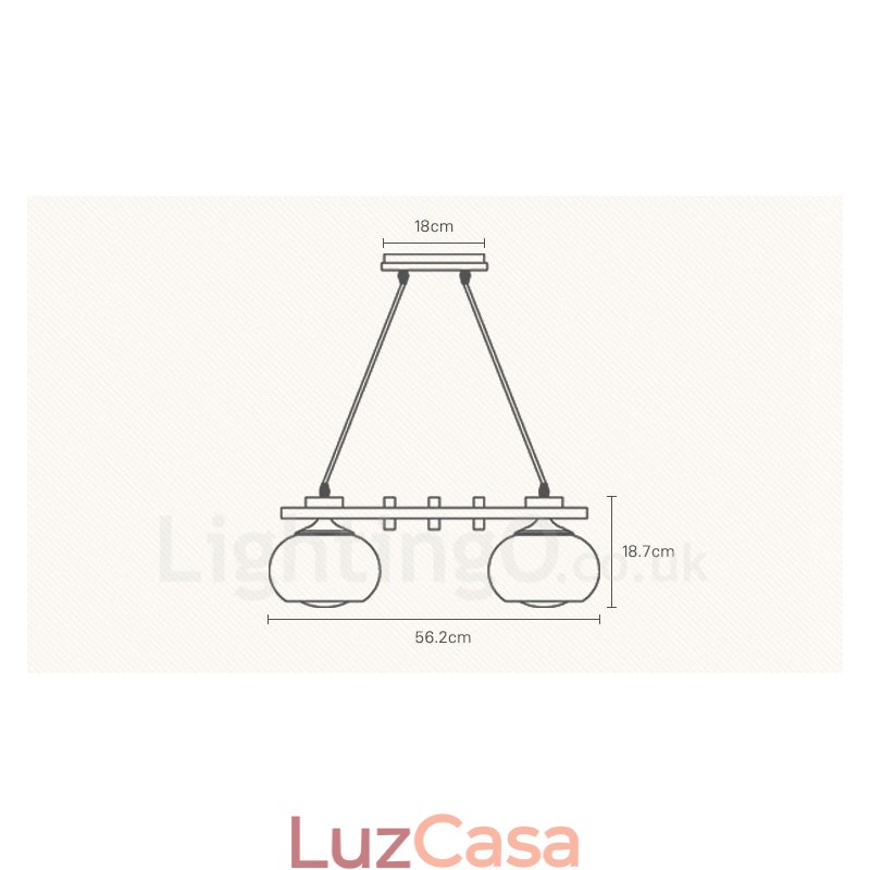 Luminária pendente rústica de madeira com 4 luzes e cúpula de vidro