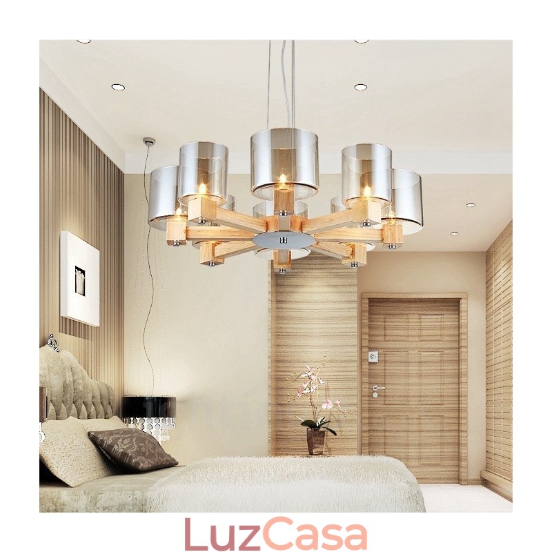 8 Luzes de madeira moderna contemporânea estilo nórdico pendente com cúpula de vidro