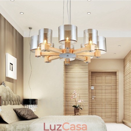 8 Luzes de madeira moderna contemporânea estilo nórdico pendente com cúpula de vidro 8 Luzes de madeira moderna contemporânea estilo nórdico pendente com cúpula de vidro