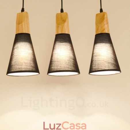 Luminária pendente moderna contemporânea de madeira com 3 luzes e cúpula de tecido Luminária pendente moderna contemporânea de madeira com 3 luzes e cúpula de tecido