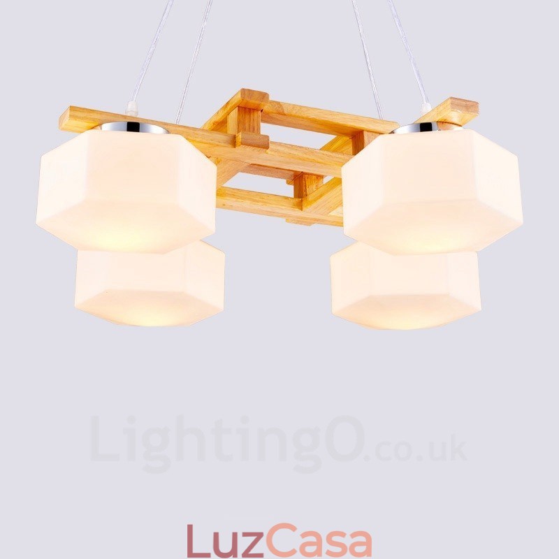 4 Luzes de madeira moderna contemporânea estilo nórdico pendente luz com cúpula de vidro