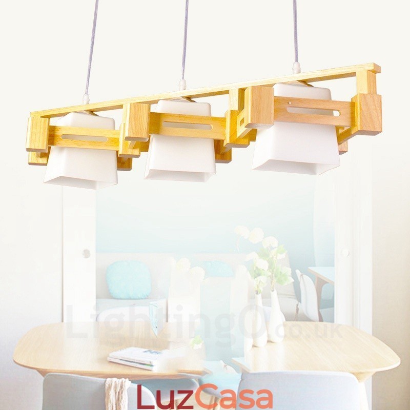 3 Luzes de madeira moderna contemporânea estilo nórdico pendente luz com tecido sombra