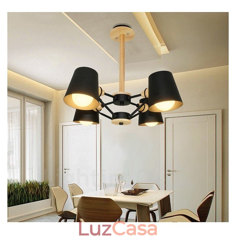 Luminária pendente estilo nórdico moderno contemporâneo de madeira com 4 luzes e abajur de ferro