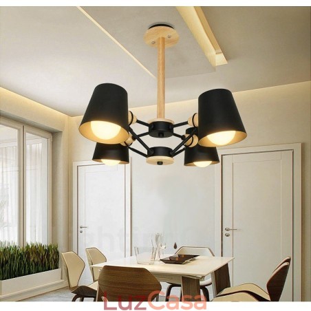 Luminária pendente estilo nórdico moderno contemporâneo de madeira com 4 luzes e abajur de ferro Luminária pendente estilo nórdico moderno contemporâneo de madeira com 4 luzes e abajur de ferro