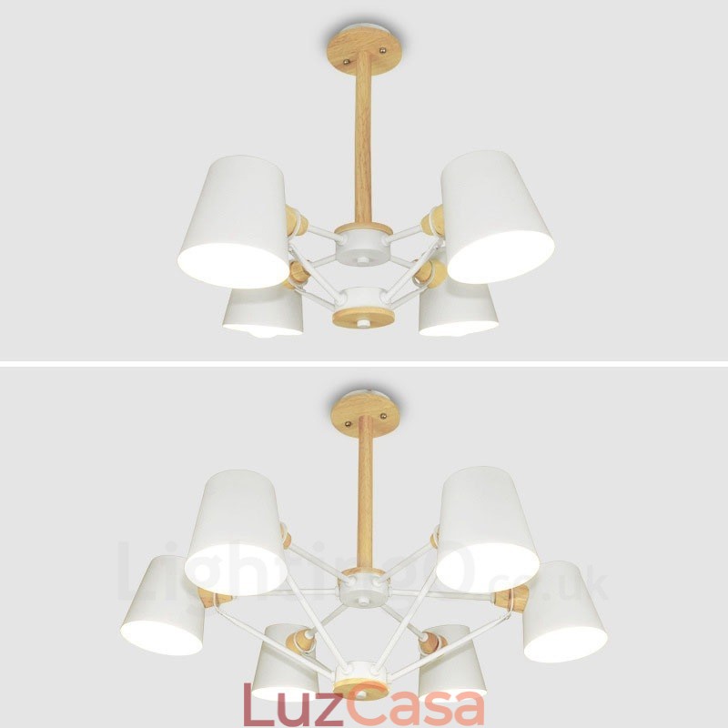Luminária pendente estilo nórdico moderno contemporâneo de madeira com 4 luzes e abajur de ferro
