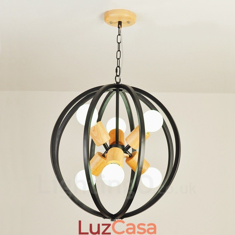 Luminária pendente retrô vintage de ferro com 6 luzes e abajur de ferro