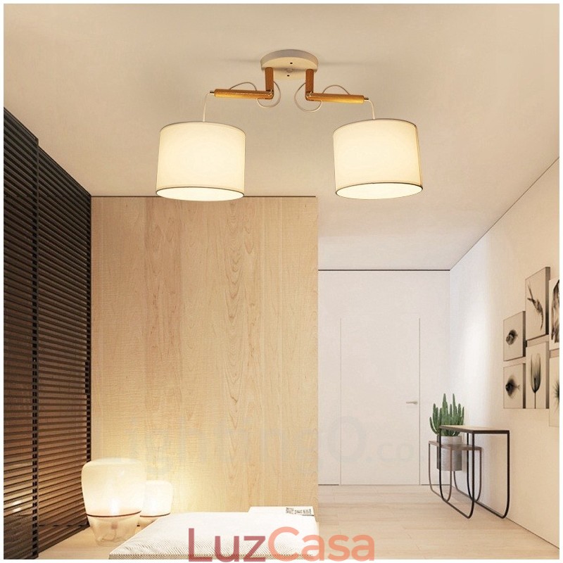 Luminária pendente moderna contemporânea de madeira com 2 luzes e cúpula de tecido