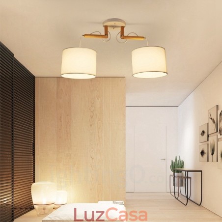 Luminária pendente moderna contemporânea de madeira com 2 luzes e cúpula de tecido Luminária pendente moderna contemporânea de madeira com 2 luzes e cúpula de tecido