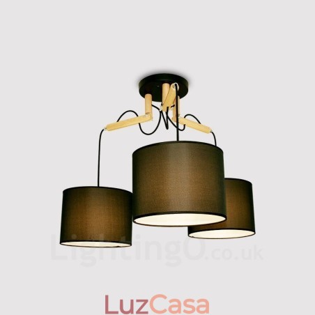 Luminária pendente moderna contemporânea de madeira com 3 luzes e cúpula de tecido Luminária pendente moderna contemporânea de madeira com 3 luzes e cúpula de tecido