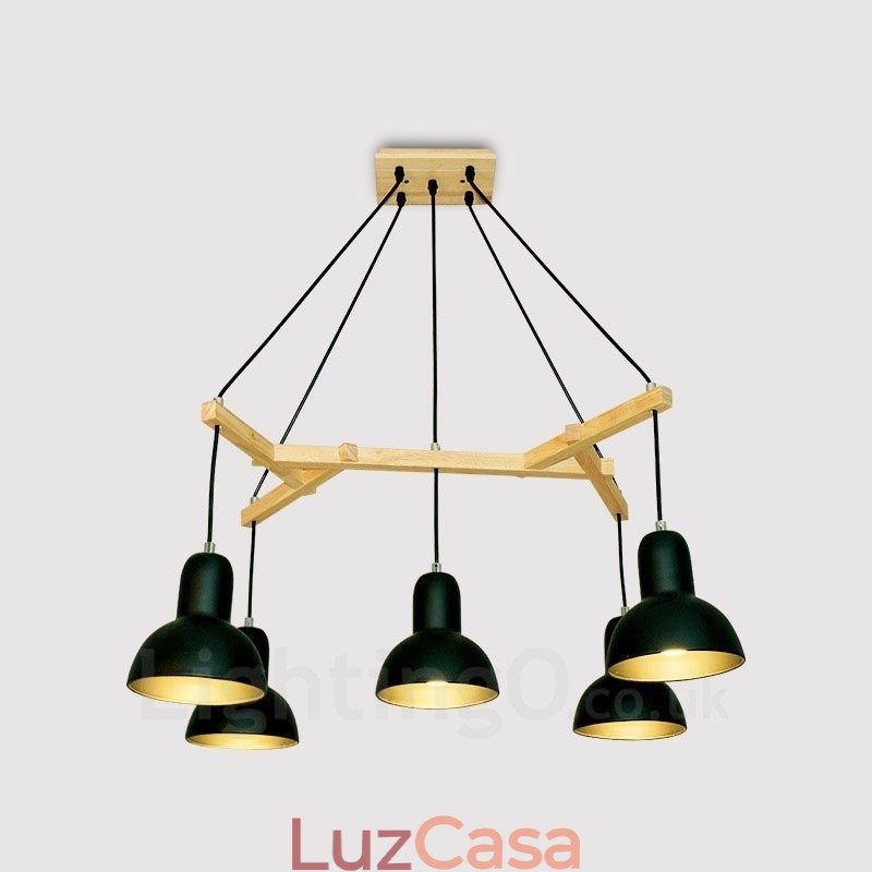 Luminária pendente moderna contemporânea de madeira com 5 luzes e cúpula de ferro