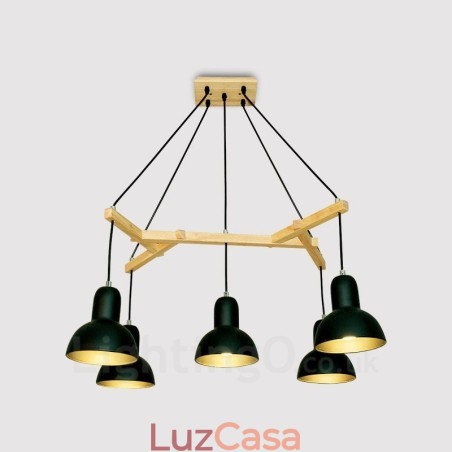 Luminária pendente moderna contemporânea de madeira com 5 luzes e cúpula de ferro Luminária pendente moderna contemporânea de madeira com 5 luzes e cúpula de ferro