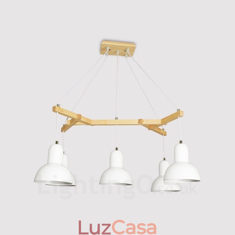 Luminária pendente moderna contemporânea de madeira com 5 luzes e cúpula de ferro